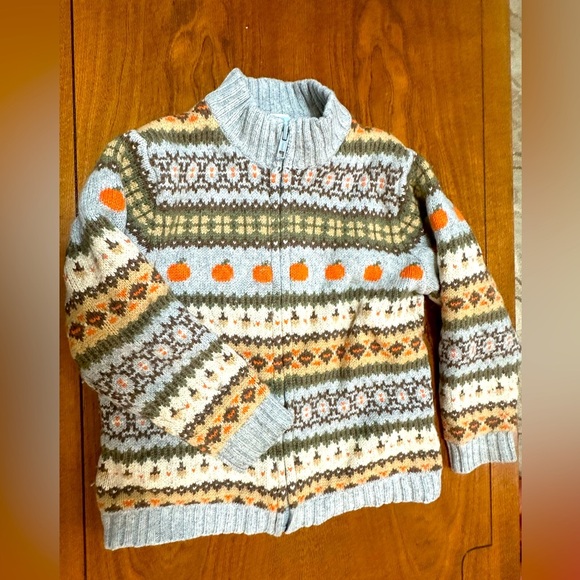 Janie and Jack Other - Pumpkin Fair Isle Zip Sweater Gray 4T Wool Cotton Blend Fall/Halloween